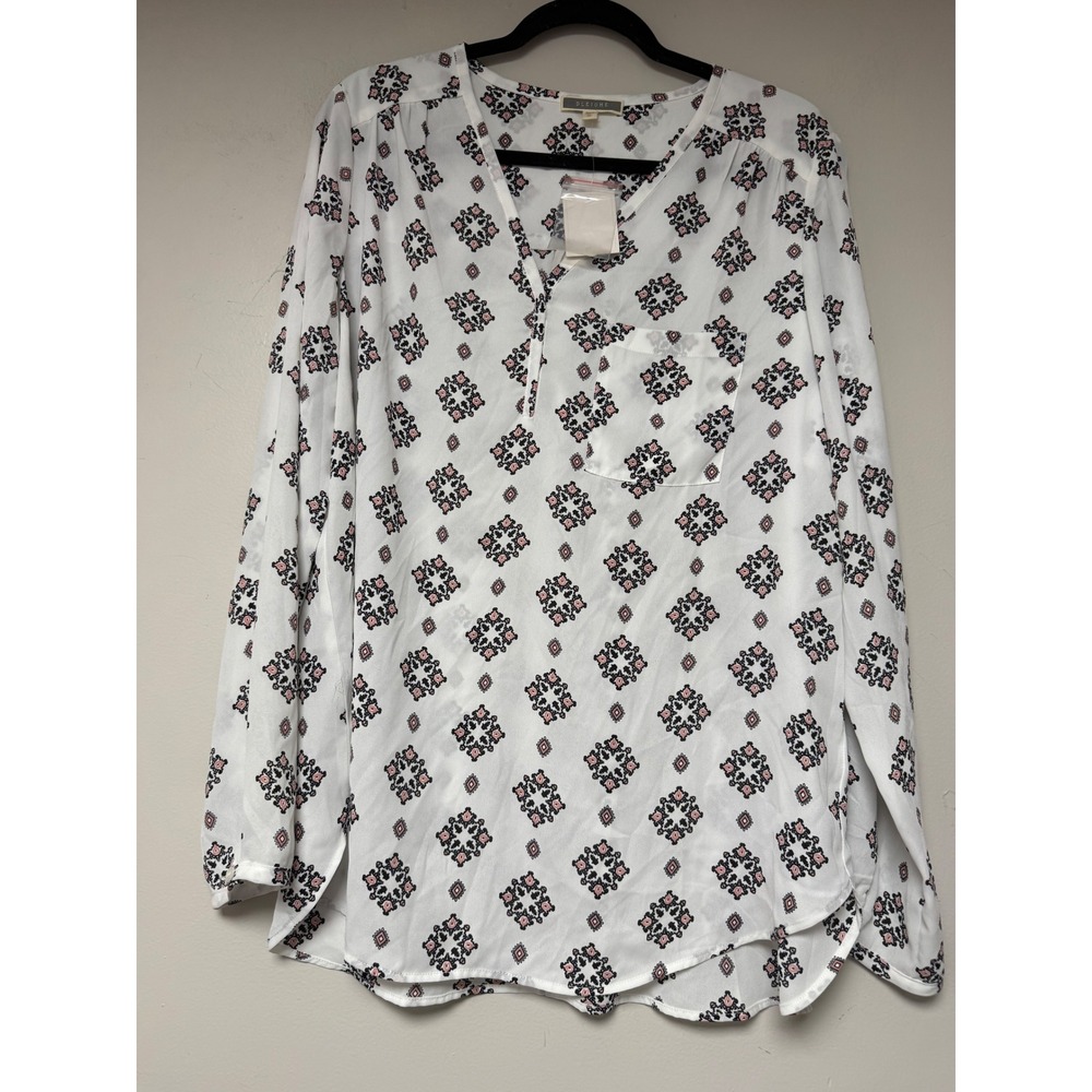 pleione Women's XL Long‎ Sleeve White Pink Black Tile Print Blouse